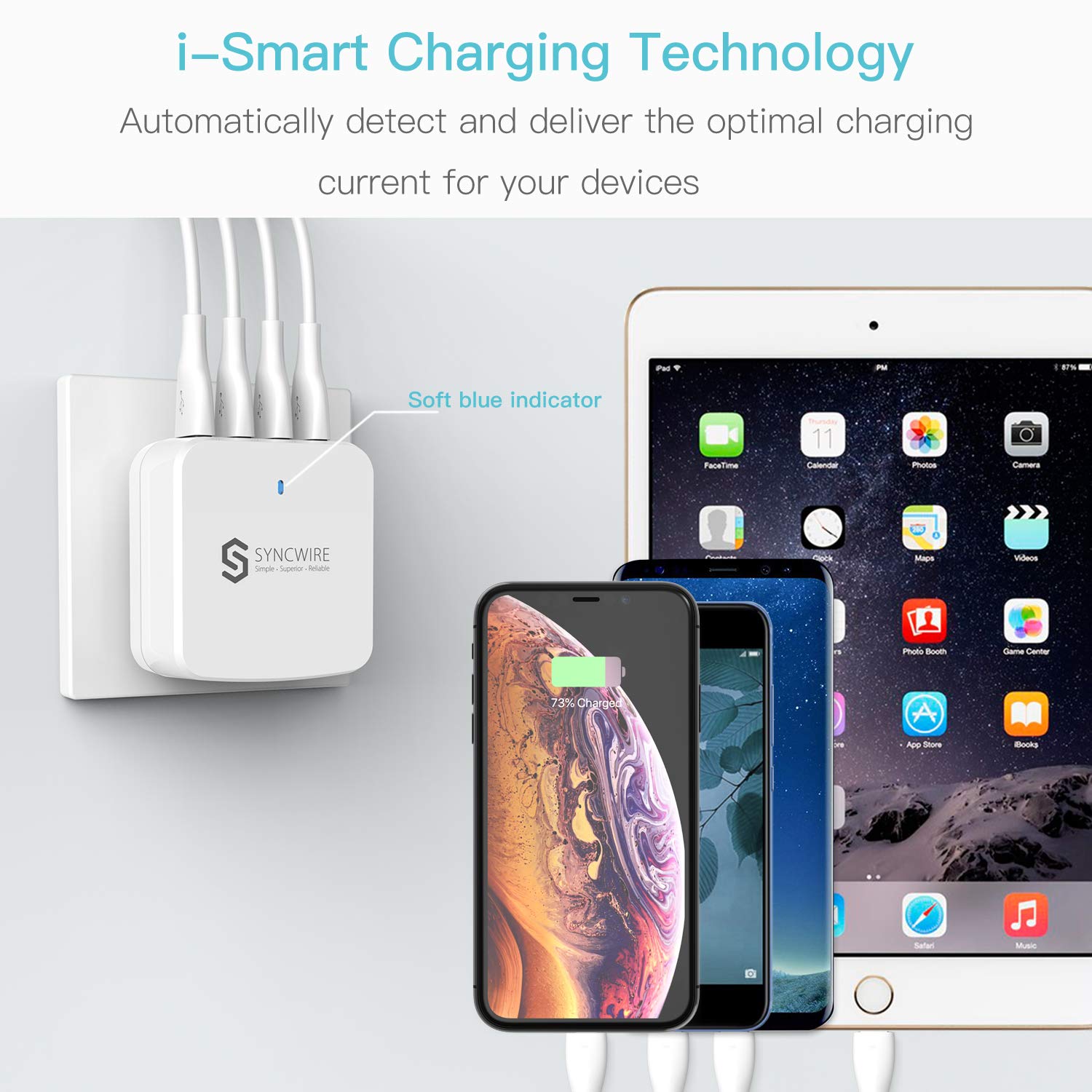 iPad 6,8A 34W 4-Port Smart Charge Reiseadapter mit EU/UK/US Reise Adapter geeignet für iPhone Powerbank Samsung Tablet Smartphone Weiß Syncwire USB Ladegerät USB Netzteil 
